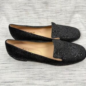 French Sole Black Leather Textured Dots Flats Smoking Loafers Size 9 Career